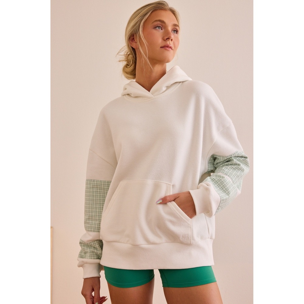 AS Revival Ivory Plaid Sleeve Oversized Hoodie Sweatshirt Size XS